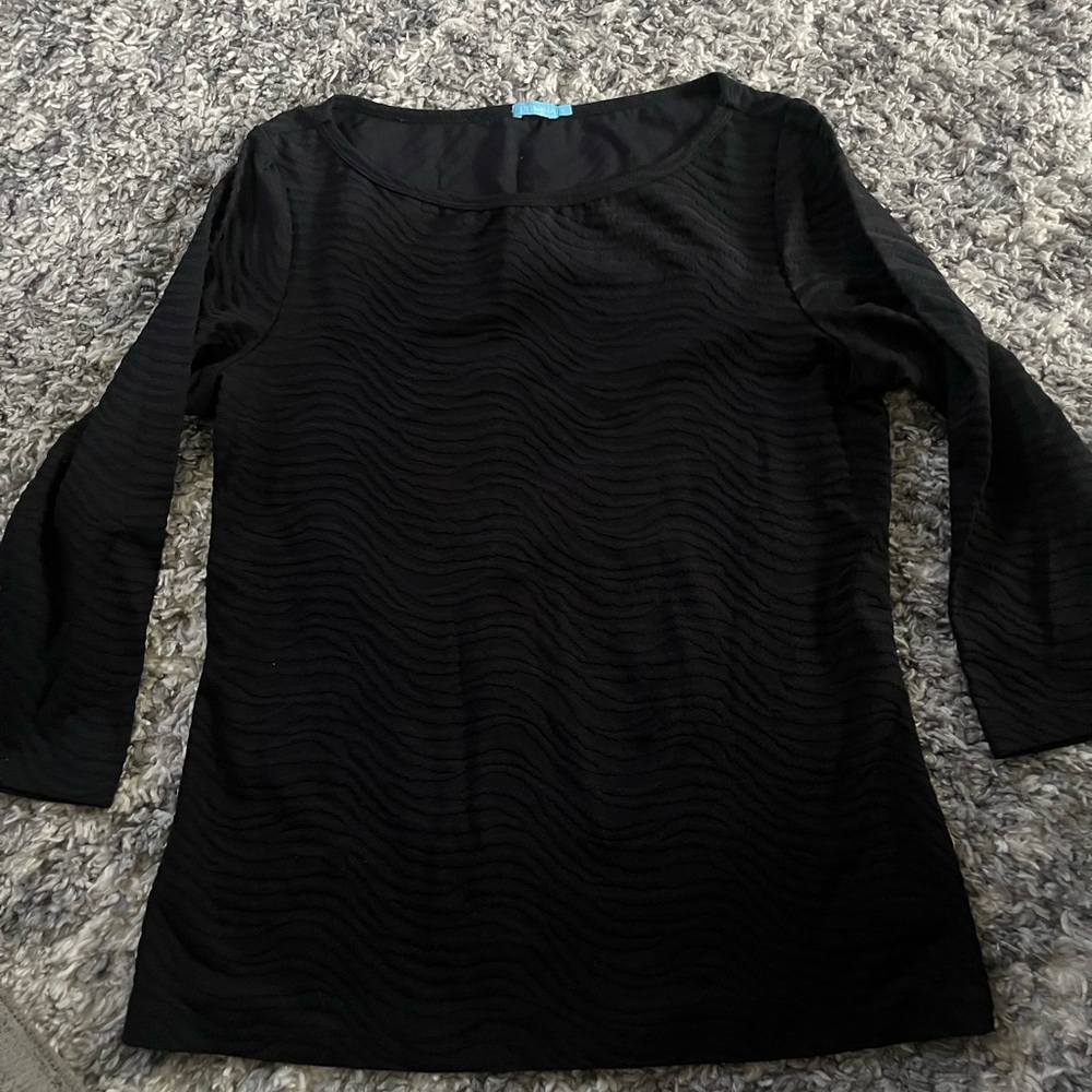 J. McLaughlin Black zebra stretch textured 3/4 sleeve top size Large.